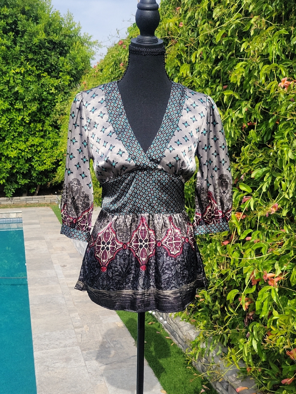 Multicolor Patchwork V Neck Y2K Boho Blouse With Tie Back S